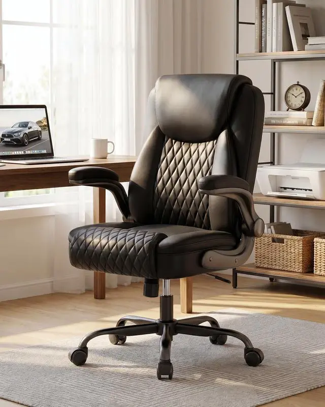 Alt view image 2 of 7 - Mid-Back Office Chair, Ergonomic PU Desk Chair with Flip up Arms, Small Computer Gaming with Comfy Lumbar Support,Rocking Function,Sturdy Metal Base, Ink Black