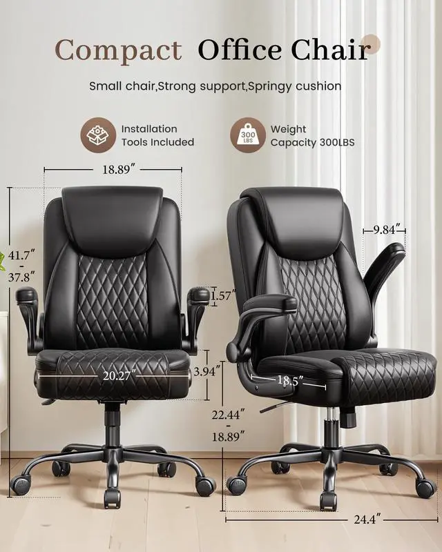 Alt view image 3 of 7 - Mid-Back Office Chair, Ergonomic PU Desk Chair with Flip up Arms, Small Computer Gaming with Comfy Lumbar Support,Rocking Function,Sturdy Metal Base, Ink Black