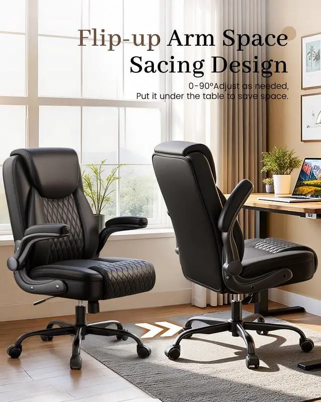 Alt view image 4 of 7 - Mid-Back Office Chair, Ergonomic PU Desk Chair with Flip up Arms, Small Computer Gaming with Comfy Lumbar Support,Rocking Function,Sturdy Metal Base, Ink Black