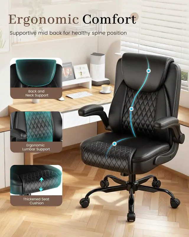 Alt view image 6 of 7 - Mid-Back Office Chair, Ergonomic PU Desk Chair with Flip up Arms, Small Computer Gaming with Comfy Lumbar Support,Rocking Function,Sturdy Metal Base, Ink Black