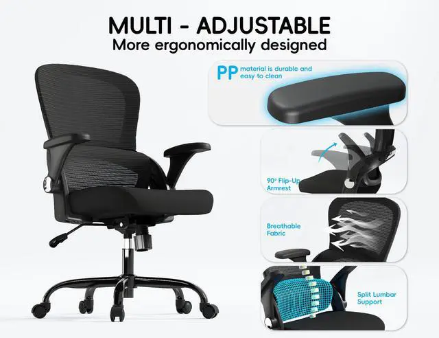 Alt view image 4 of 7 - Office Chair - Ergonomic Office Chair with Back Support, Home Office Desk Chairs, 330lbs Wide Seat Big and Tall Office Chairs, Comfy Desk Chair for Work, Study, Office, Gaming (Black)