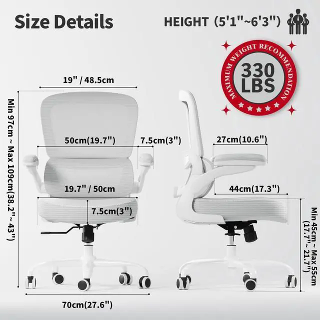 Alt view image 2 of 7 - Ergonomic Office Chair - Desk Chair with Adjustable Lumbar Support Computer Chair - Mesh Comfy Chair with Flip-up Armrests - Gaming Chairs for Adults Home Office (Leather, White)