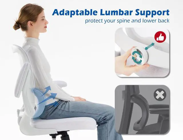 Alt view image 3 of 7 - Ergonomic Office Chair - Desk Chair with Adjustable Lumbar Support Computer Chair - Mesh Comfy Chair with Flip-up Armrests - Gaming Chairs for Adults Home Office (Leather, White)