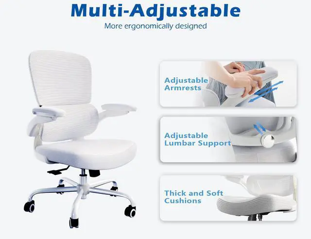 Alt view image 5 of 7 - Ergonomic Office Chair - Desk Chair with Adjustable Lumbar Support Computer Chair - Mesh Comfy Chair with Flip-up Armrests - Gaming Chairs for Adults Home Office (Leather, White)