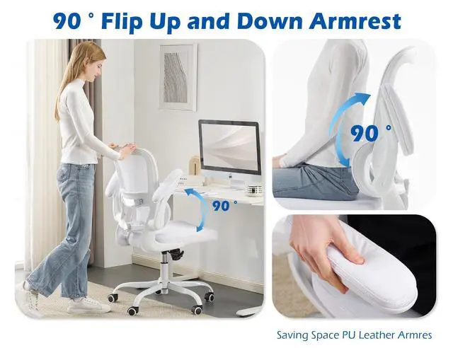 Alt view image 4 of 7 - Ergonomic Office Chair - Desk Chair with Adjustable Lumbar Support Computer Chair - Mesh Comfy Chair with Flip-up Armrests - Gaming Chairs for Adults Home Office (Leather, White)