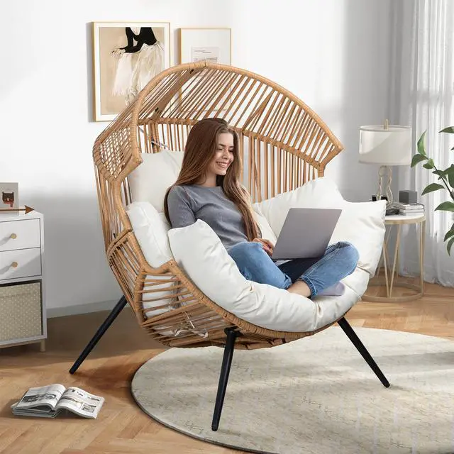 Alt view image 3 of 4 - Wicker Egg Chair Outdoor Rattan Patio Chair with Cushion,Oversized Patio Lounge Chairs with Cushion Egg Basket Chair, Egg Seat for Indoor Living Room Bedroom Outside Patio Backyard Balcony