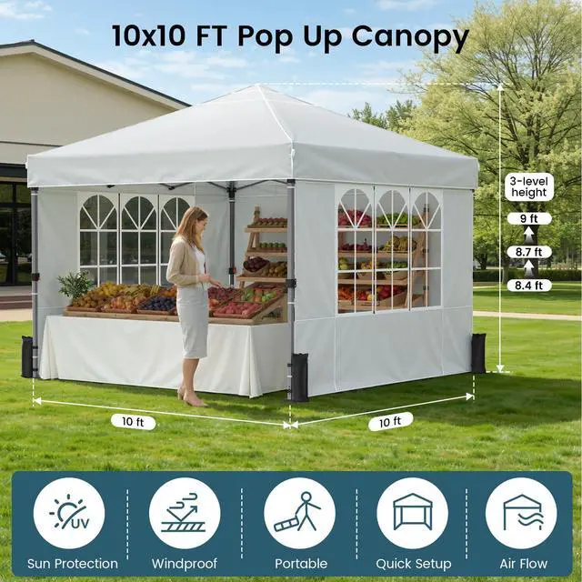 Alt view image 2 of 7 - Pop Up Canopy Tent with Sidewalls, 10x10ft 10 Person Party Tent One Push Setup, Portable Gazebo Outdoor Sun Shade for Events, Parties, Camping, Commercial, Silver Coated Top, White