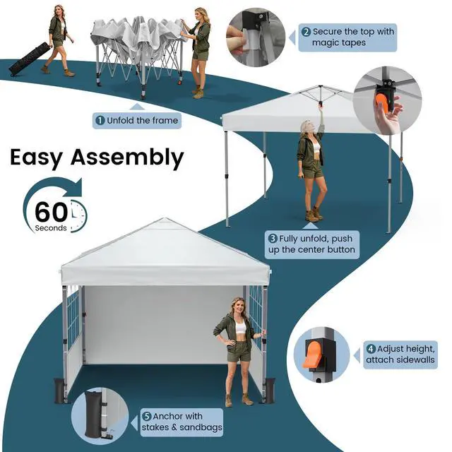 Alt view image 4 of 7 - Pop Up Canopy Tent with Sidewalls, 10x10ft 10 Person Party Tent One Push Setup, Portable Gazebo Outdoor Sun Shade for Events, Parties, Camping, Commercial, Silver Coated Top, White