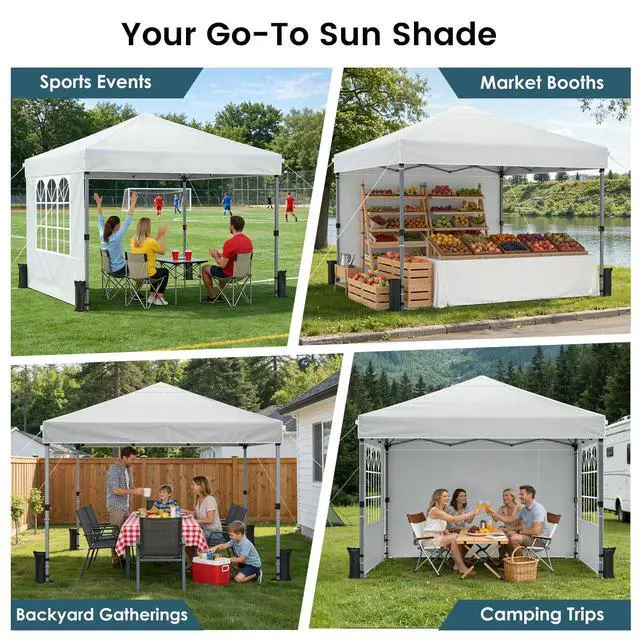 Alt view image 7 of 7 - Pop Up Canopy Tent with Sidewalls, 10x10ft 10 Person Party Tent One Push Setup, Portable Gazebo Outdoor Sun Shade for Events, Parties, Camping, Commercial, Silver Coated Top, White