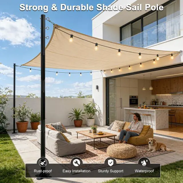 Alt view image 3 of 7 - 2 Pack 12 Ft Shade Sail Poles, Heavy Duty Metal Outdoor Support Post Kit, Rust-Resistant Shade Sail Support Poles, Adjustable Metal Sun Shade Poles for Patios, Courtyards, Backyards and Gardens