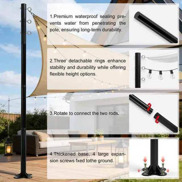 Alt view image 4 of 7 - 2 Pack 12 Ft Shade Sail Poles, Heavy Duty Metal Outdoor Support Post Kit, Rust-Resistant Shade Sail Support Poles, Adjustable Metal Sun Shade Poles for Patios, Courtyards, Backyards and Gardens