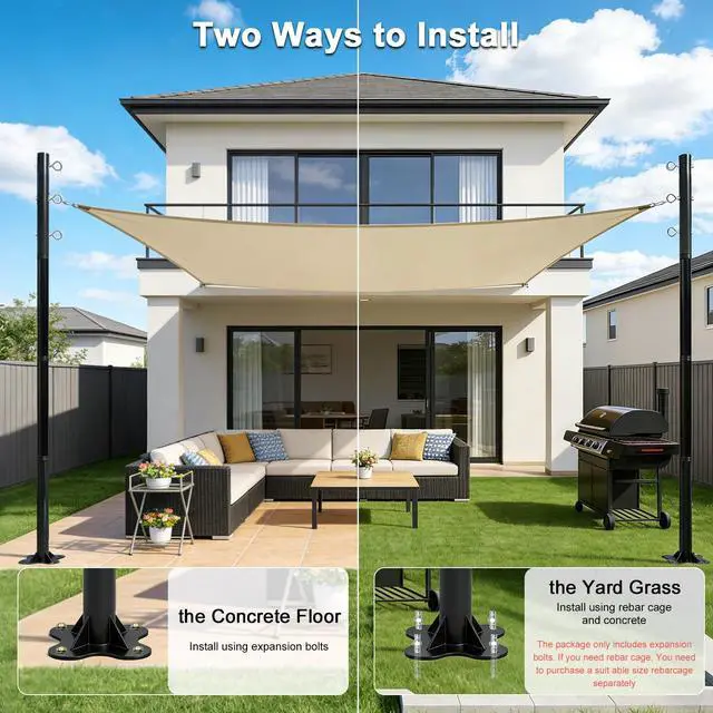 Alt view image 5 of 7 - 2 Pack 12 Ft Shade Sail Poles, Heavy Duty Metal Outdoor Support Post Kit, Rust-Resistant Shade Sail Support Poles, Adjustable Metal Sun Shade Poles for Patios, Courtyards, Backyards and Gardens