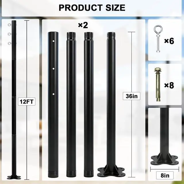 Alt view image 7 of 7 - 2 Pack 12 Ft Shade Sail Poles, Heavy Duty Metal Outdoor Support Post Kit, Rust-Resistant Shade Sail Support Poles, Adjustable Metal Sun Shade Poles for Patios, Courtyards, Backyards and Gardens
