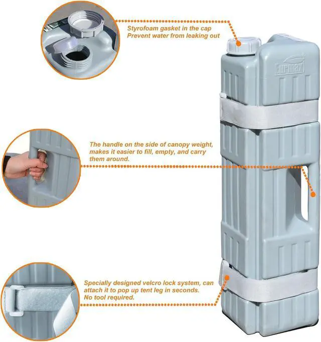 Alt view image 3 of 6 - USA 4-Pack Universal Upgraded Commercial Canopy Weights - Leg Weight Bottles for Pop Up Canopy Tents,Gazebos&Shelters - Easy Wrap-Around Hook&Loop Installation,Multi-Fill:Water,Sand,Gravel&More