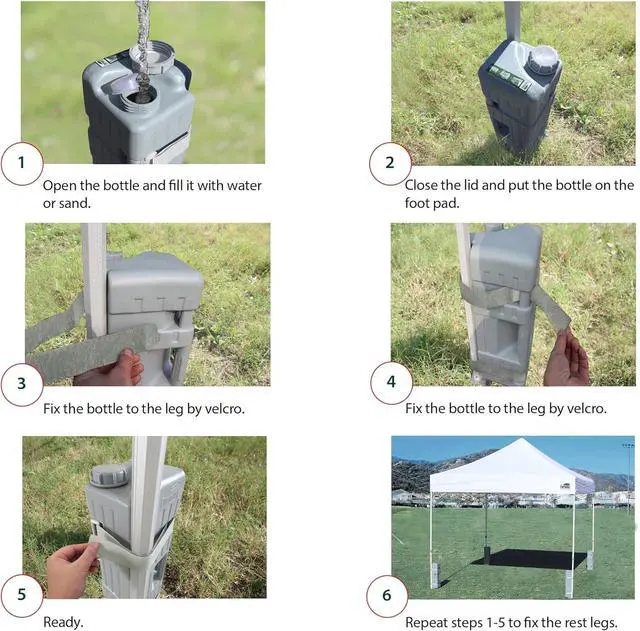 Alt view image 5 of 6 - USA 4-Pack Universal Upgraded Commercial Canopy Weights - Leg Weight Bottles for Pop Up Canopy Tents,Gazebos&Shelters - Easy Wrap-Around Hook&Loop Installation,Multi-Fill:Water,Sand,Gravel&More