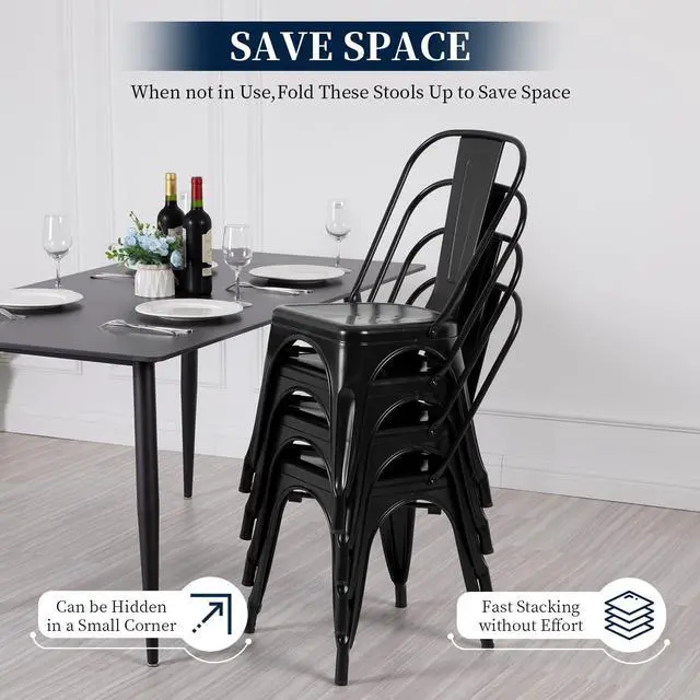 Alt view image 3 of 6 - | Metal Dining Chairs | Set of 4 | Black | Stackable Tolix Side Chairs with Backrest | Scratch-Resistant | Non-Slip Feet | Indoor/Outdoor Use | 330 lbs Capacity | for Kitchen & Restaurant