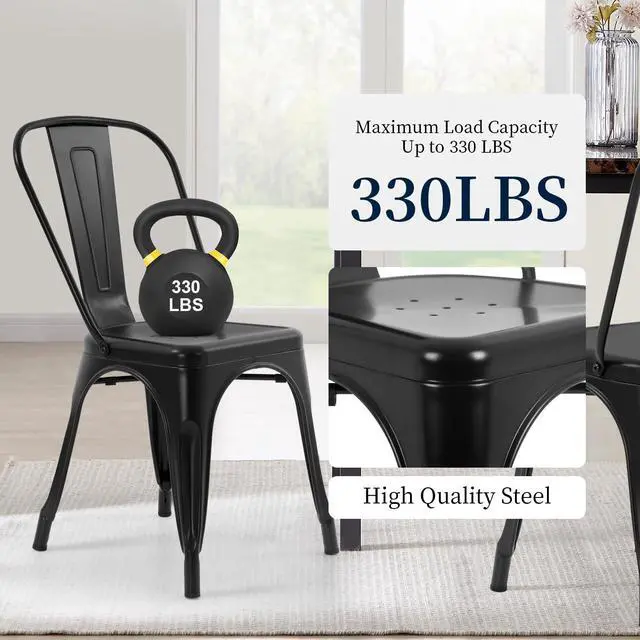 Alt view image 4 of 6 - | Metal Dining Chairs | Set of 4 | Black | Stackable Tolix Side Chairs with Backrest | Scratch-Resistant | Non-Slip Feet | Indoor/Outdoor Use | 330 lbs Capacity | for Kitchen & Restaurant