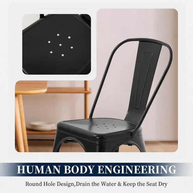 Alt view image 6 of 6 - | Metal Dining Chairs | Set of 4 | Black | Stackable Tolix Side Chairs with Backrest | Scratch-Resistant | Non-Slip Feet | Indoor/Outdoor Use | 330 lbs Capacity | for Kitchen & Restaurant