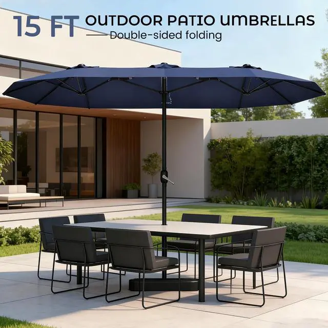 Alt view image 2 of 7 - 15ft Patio Umbrella with Base,Large Outdoor Double-Sided Rectangle Umbrella with Crank Handle, Market Umbrella for Poolside Garden Deck Backyard Beach Pools, Navy Blue