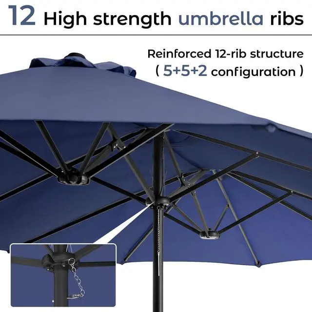 Alt view image 5 of 7 - 15ft Patio Umbrella with Base,Large Outdoor Double-Sided Rectangle Umbrella with Crank Handle, Market Umbrella for Poolside Garden Deck Backyard Beach Pools, Navy Blue