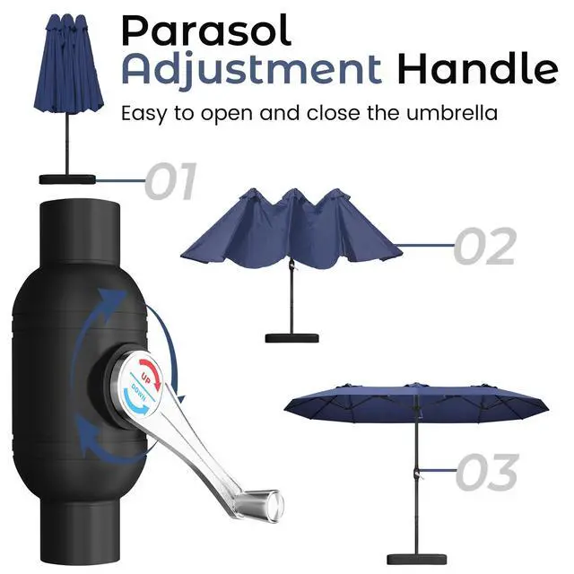 Alt view image 7 of 7 - 15ft Patio Umbrella with Base,Large Outdoor Double-Sided Rectangle Umbrella with Crank Handle, Market Umbrella for Poolside Garden Deck Backyard Beach Pools, Navy Blue