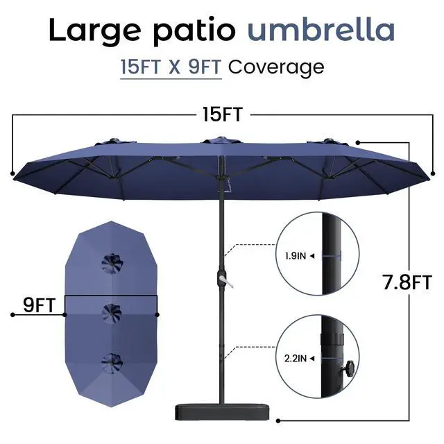 Alt view image 6 of 7 - 15ft Patio Umbrella with Base,Large Outdoor Double-Sided Rectangle Umbrella with Crank Handle, Market Umbrella for Poolside Garden Deck Backyard Beach Pools, Navy Blue
