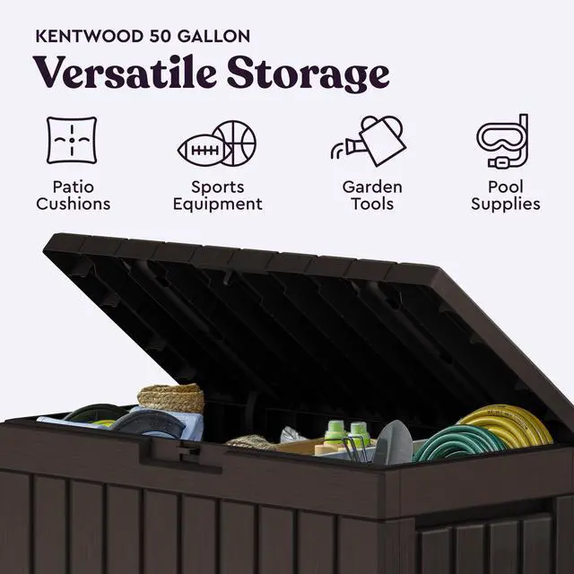 Alt view image 4 of 5 - Kentwood 50 Gallon Resin Deck Box-Organization and Storage for Patio Cushions, Throw Pillows and Garden Tools, Brown