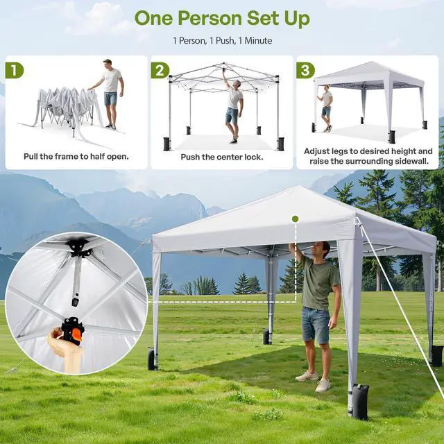 Alt view image 2 of 7 - 10x10 Pop Up Canopy with Sidewalls, Instant Portable Canopy Tent with Carry Bag for Commercial Events, Camping, Parties - White