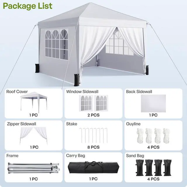 Alt view image 3 of 7 - 10x10 Pop Up Canopy with Sidewalls, Instant Portable Canopy Tent with Carry Bag for Commercial Events, Camping, Parties - White
