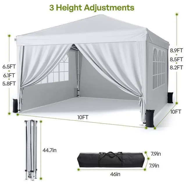 Alt view image 4 of 7 - 10x10 Pop Up Canopy with Sidewalls, Instant Portable Canopy Tent with Carry Bag for Commercial Events, Camping, Parties - White