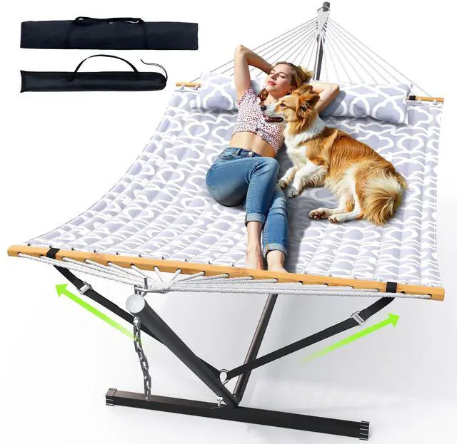 Main image of ANAGOO Double Hammock with Stand, Heavy Duty Outdoor Hammock for Two, 500 LBS Capacity, Stable Steel Frame with Balance Strap, Easy Tool-Free Assembly for Patio, Garden, Backyard & Beach,White Grey