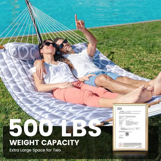 Alt view image 2 of 6 - ANAGOO Double Hammock with Stand, Heavy Duty Outdoor Hammock for Two, 500 LBS Capacity, Stable Steel Frame with Balance Strap, Easy Tool-Free Assembly for Patio, Garden, Backyard & Beach,White Grey