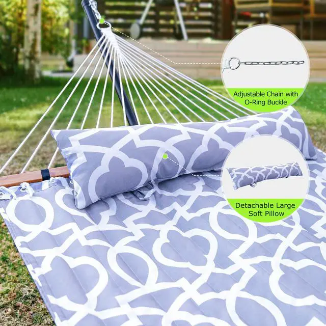 Alt view image 4 of 6 - ANAGOO Double Hammock with Stand, Heavy Duty Outdoor Hammock for Two, 500 LBS Capacity, Stable Steel Frame with Balance Strap, Easy Tool-Free Assembly for Patio, Garden, Backyard & Beach,White Grey