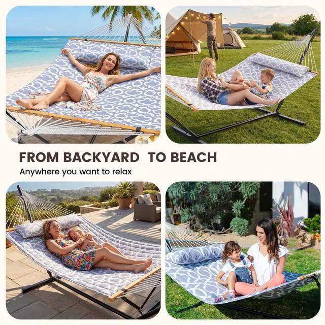Alt view image 5 of 6 - ANAGOO Double Hammock with Stand, Heavy Duty Outdoor Hammock for Two, 500 LBS Capacity, Stable Steel Frame with Balance Strap, Easy Tool-Free Assembly for Patio, Garden, Backyard & Beach,White Grey