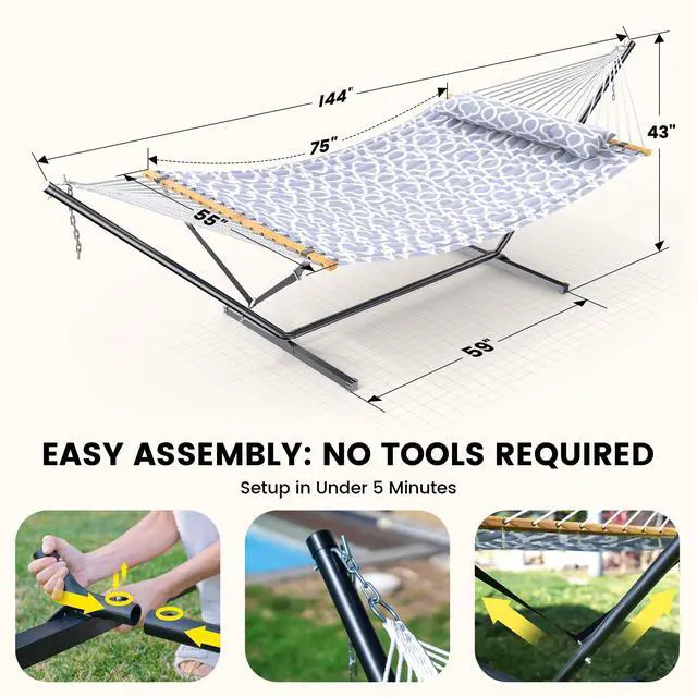 Alt view image 6 of 6 - ANAGOO Double Hammock with Stand, Heavy Duty Outdoor Hammock for Two, 500 LBS Capacity, Stable Steel Frame with Balance Strap, Easy Tool-Free Assembly for Patio, Garden, Backyard & Beach,White Grey