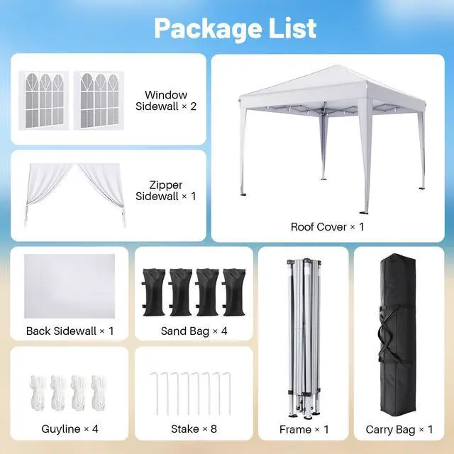Alt view image 3 of 7 - 10x10 Pop Up Canopy with Sidewalls, One Push Instant Canopy Tent with Carry Bag for Events, Parties, Beach, Camping - White/Clear