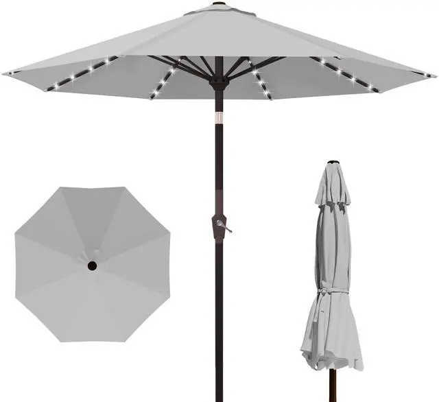 Main image of 10FT Outdoor Patio Umbrella with Solar Lights, Market Table Umbrella with Push Button Tilt & Crank, 8 Sturdy Ribs, 32 LED Lights, UV Protection for Garden Lawn Deck Backyard Pool (Light grey)
