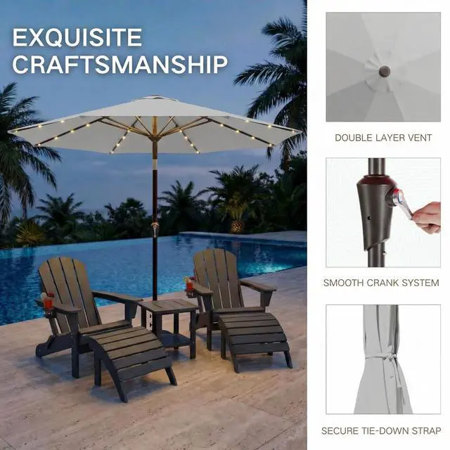 Alt view image 6 of 7 - 10FT Outdoor Patio Umbrella with Solar Lights, Market Table Umbrella with Push Button Tilt & Crank, 8 Sturdy Ribs, 32 LED Lights, UV Protection for Garden Lawn Deck Backyard Pool (Light grey)