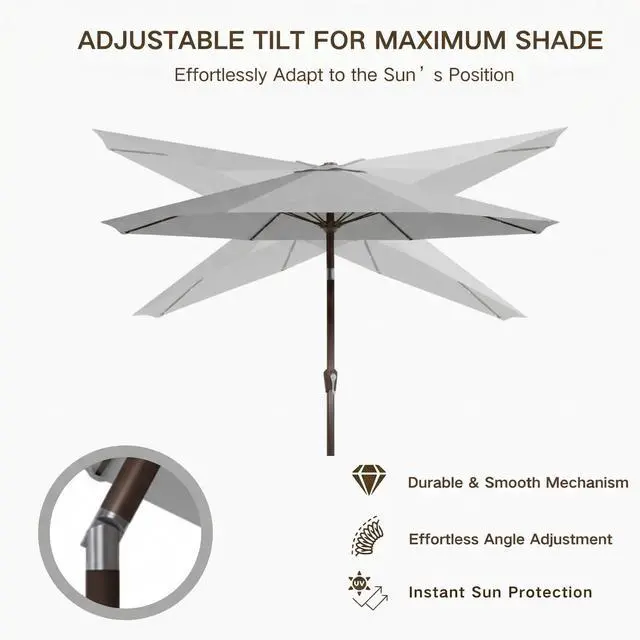 Alt view image 7 of 7 - 10FT Outdoor Patio Umbrella with Solar Lights, Market Table Umbrella with Push Button Tilt & Crank, 8 Sturdy Ribs, 32 LED Lights, UV Protection for Garden Lawn Deck Backyard Pool (Light grey)
