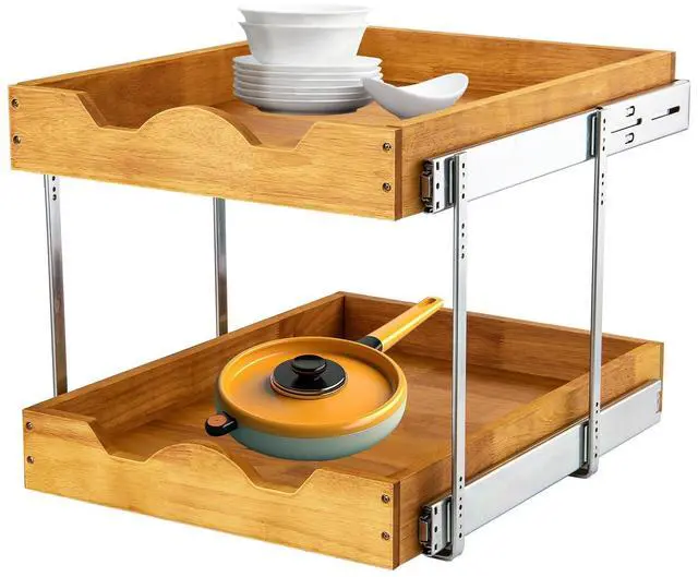 Main image of 2 Tier Pull Out Cabinet Organizer (14" W x 18" D) Slide Out Wood Drawer, Two Tier Sliding Shelf Organization and Storage