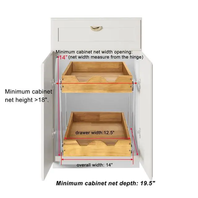 Alt view image 3 of 7 - 2 Tier Pull Out Cabinet Organizer (14" W x 18" D) Slide Out Wood Drawer, Two Tier Sliding Shelf Organization and Storage