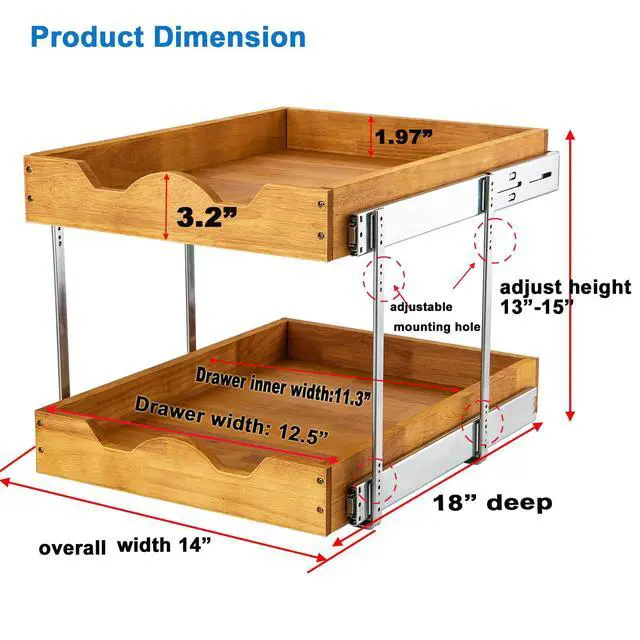 Alt view image 2 of 7 - 2 Tier Pull Out Cabinet Organizer (14" W x 18" D) Slide Out Wood Drawer, Two Tier Sliding Shelf Organization and Storage