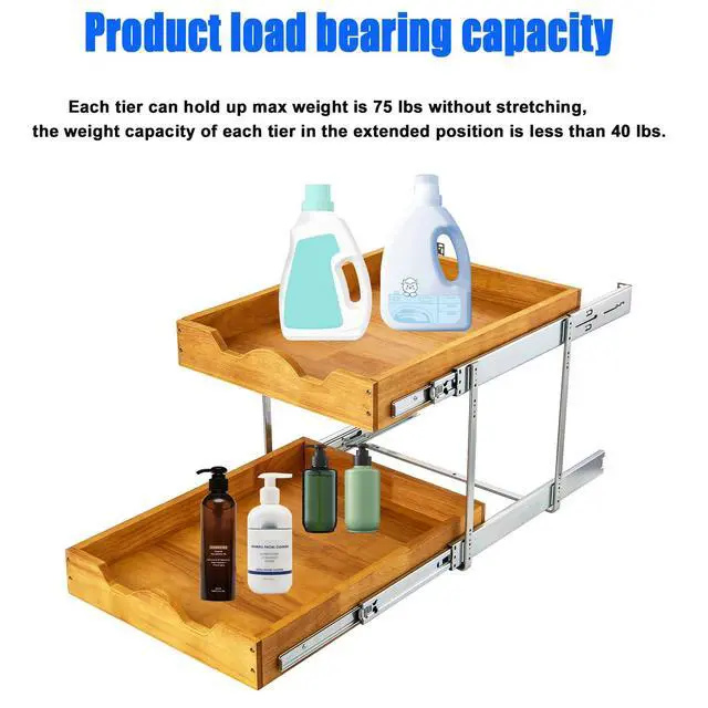 Alt view image 5 of 7 - 2 Tier Pull Out Cabinet Organizer (14" W x 18" D) Slide Out Wood Drawer, Two Tier Sliding Shelf Organization and Storage