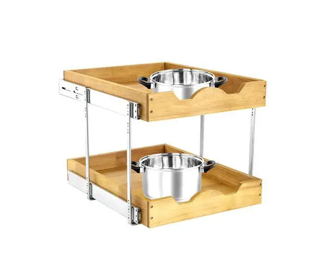 Alt view image 7 of 7 - 2 Tier Pull Out Cabinet Organizer (14" W x 18" D) Slide Out Wood Drawer, Two Tier Sliding Shelf Organization and Storage