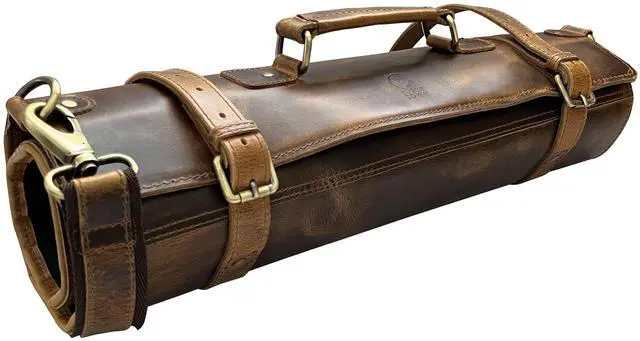 Main image of Genuine Leather Chef Knife Roll All Purpose Chef Roll, Brown, L, Knives Organiser