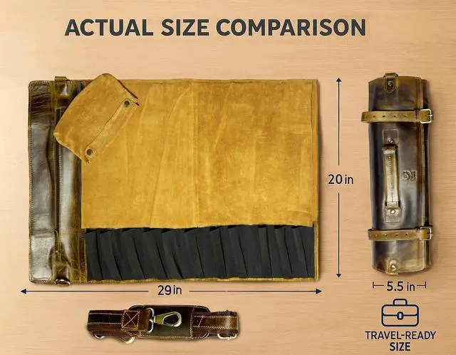 Alt view image 2 of 7 - Genuine Leather Chef Knife Roll All Purpose Chef Roll, Brown, L, Knives Organiser