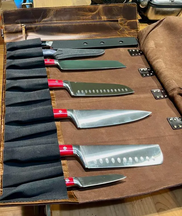 Alt view image 4 of 7 - Genuine Leather Chef Knife Roll All Purpose Chef Roll, Brown, L, Knives Organiser