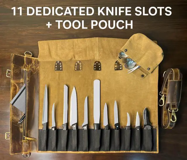 Alt view image 5 of 7 - Genuine Leather Chef Knife Roll All Purpose Chef Roll, Brown, L, Knives Organiser