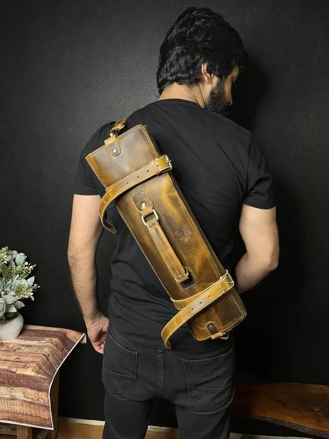 Alt view image 6 of 7 - Genuine Leather Chef Knife Roll All Purpose Chef Roll, Brown, L, Knives Organiser