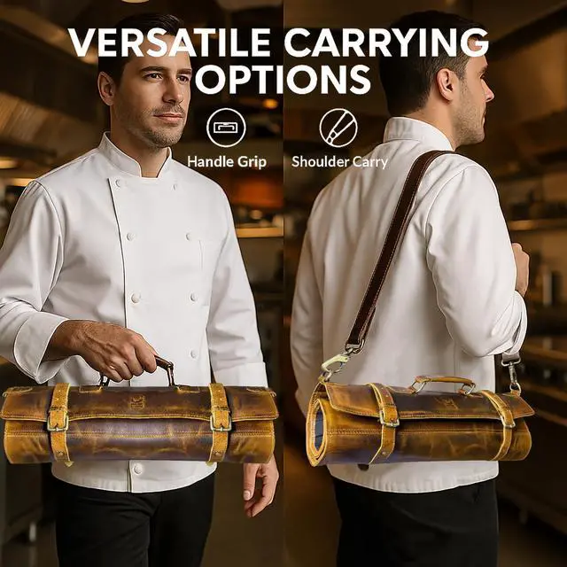 Alt view image 7 of 7 - Genuine Leather Chef Knife Roll All Purpose Chef Roll, Brown, L, Knives Organiser